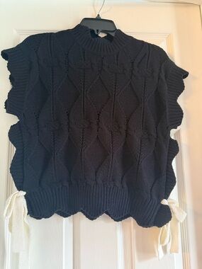 Black Knit Sleeveless Crewneck Vest with Cream Side Ties